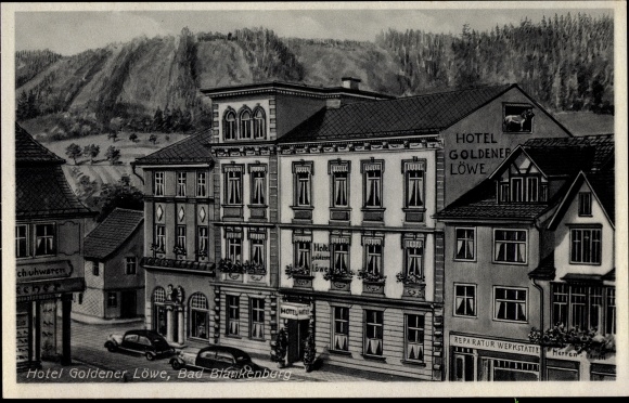 Kunstenaarskaart Bad Blankenburg in Thüringen, Hotel Goldener Löwe, buitenaanzicht, reparatiewerkplaats
