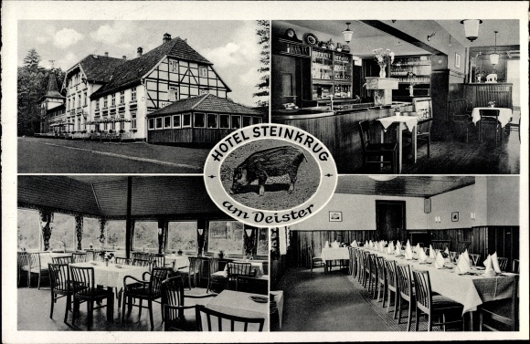 Postcard Bennigsen Springe am Deister, Hotel Steinkrug am Deister, exterior and interior views