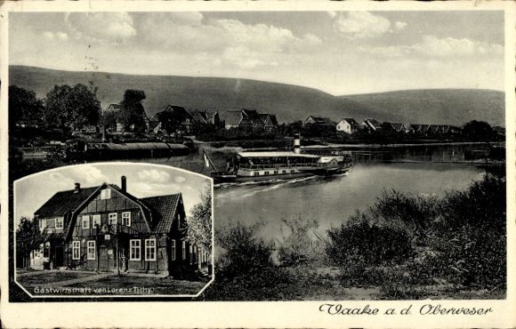 Postcard Vaake Reinhardshagen Hesse, ship, house restaurant by Lorenz Tishy, landscape photograph
