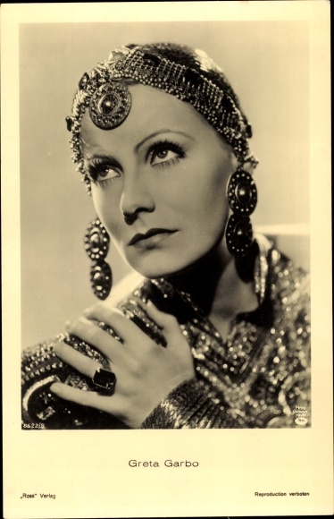 Postcard actress Greta Garbo, portrait, headdress