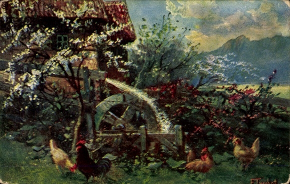 Artist Postcard chickens in front of a watermill, mill wheel, tree blossom
