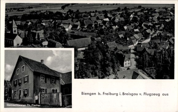 Postcard Biengen Bad Krotzingen, aerial photograph, Th. Fischer shop