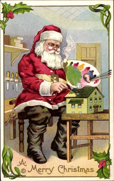 Ak Gefeliciteerd Kerstmis, de Kerstman schildert een speelgoedhuis