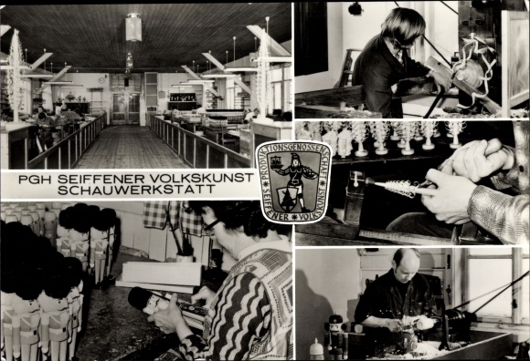 Postcard Seiffen in the Ore Mountains, PGH Seiffen folk art, demonstration workshop, turner, nutcracker