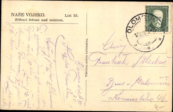 Postcard Nase Vojsko, Rada IV, Czech military aircraft, airborne, biplane