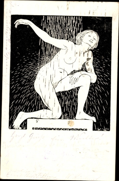 Artist Postcard Fidus, Art Nouveau, Cold Showers, Woman in the Rain