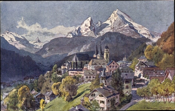 Kunstenaarsbriefkaart Compton, Edward Harrison, Berchtesgaden in Opper-Beieren, panorama
