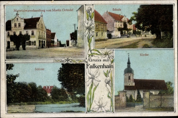 Postcard Falkenhain Lossatal in Saxony, school, church, castle, plot by Moritz Gründerel