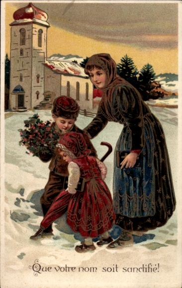Embossed Chromo-Litho Mothers with Children, Winter, Church