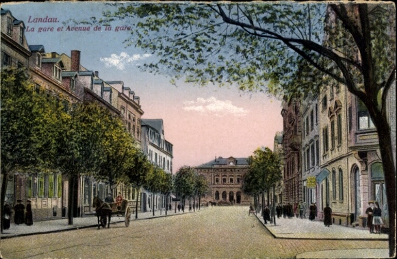 Postcard Landau in der Pfalz, train station, Bahnhofstraße
