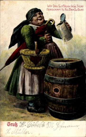 Ak Frau mit Bierkrug, Bierfass