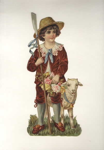 Oblate, Junge mit Strohhut, Rosenblüten und Osterlamm, Größe ca. 34,5 x 16,5 cm