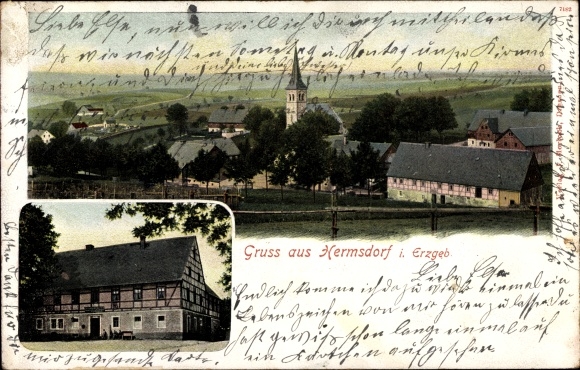 Postcard Hermsdorf in the Eastern Ore Mountains, church, panorama
