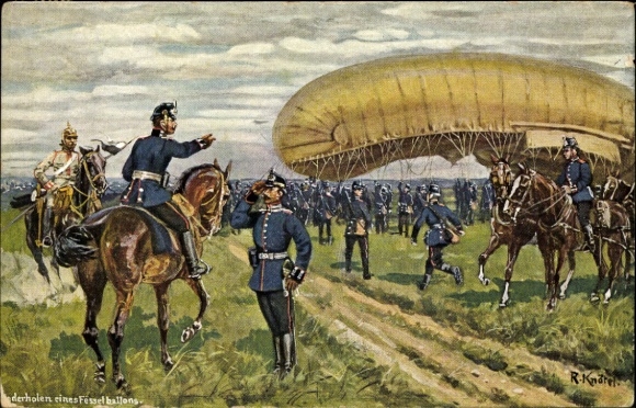 Artist Postcard Knötel, R., Repeating a military tethered balloon, rider