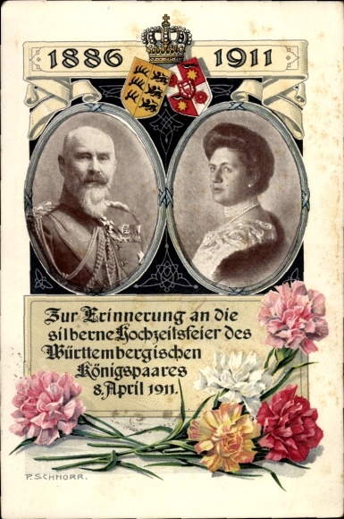 Artist Postcard Schnorr, King Wilhelm II of Württemberg, Queen Charlotte, Silver Wedding 1911, Coat of Arms