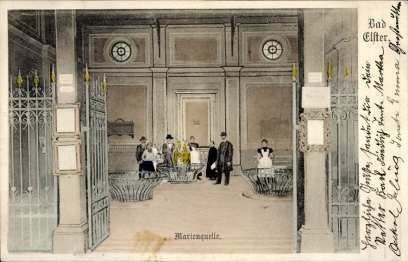 Postcard Bad Elster in Vogtland, Marienquelle, several people, elegant clothing, artistic representation