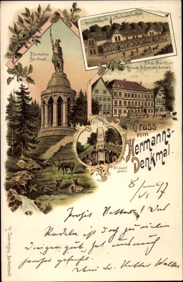 Chromo-Litho Detmold in North Rhine-Westphalia, Hermann Monument, Hotel Frankfurt, Reinecke&#39;s Inn