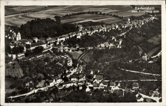 Postcard Bartenstein Schrozberg in Württemberg, aerial view of hills, houses, landscape