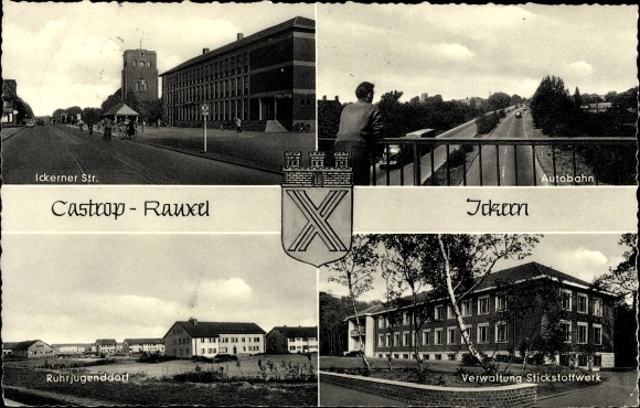 Wappen Ak Ickern Castrop Rauxel, Ickerner Straße, Autobahn, Ruhrjugenddorf, Verw. Stickstoffwerk
