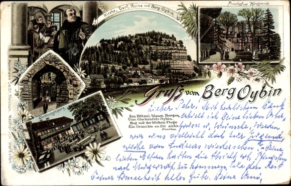 Chromo-Litho Oybin in Saxony, church, village, ruins, Oybin mountain, cloister