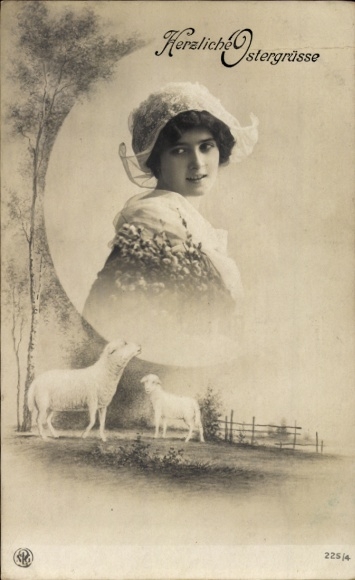 Ak Glückwunsch Ostern, Schafe, Frau, Portrait