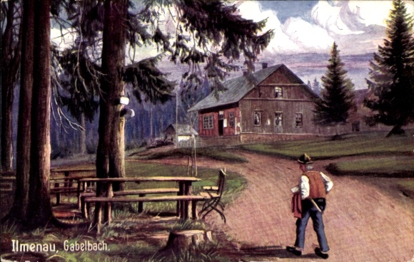 Ak Ilmenau in Thüringen, Landschaft mit Gasthaus, Spaziergänger, Bäume,  Gabelbach
