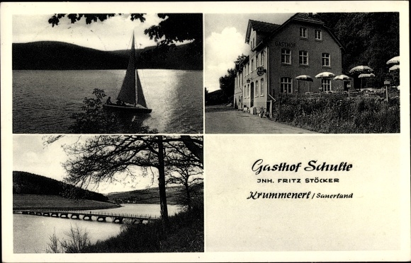 Ak Krummenerl Meinerzhagen im Sauerland, Gasthof Schulte, Fritz Stöcker, Segelboot