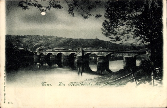 Ak Trier an der Mosel, Moselbrücke bei Mondschein, Schwarz-Weiß-Bild, Brücke über Wasser