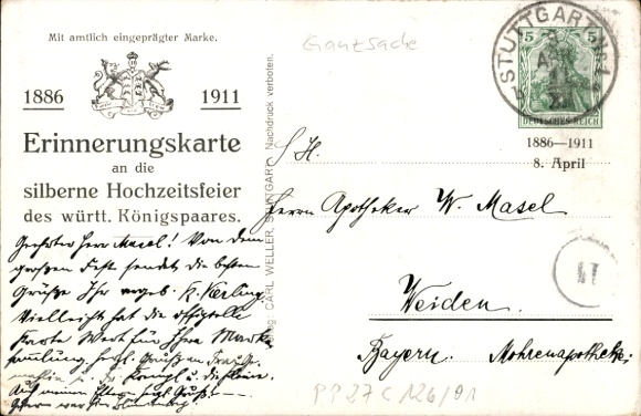 Postal stationery PC King Wilhelm II of Württemberg, Queen Charlotte, Silver Wedding 1911