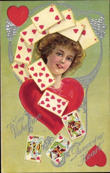 Emboss Postcard Valentine&#39;s Day, To my Valentine, Queen of my Heart, Playing Cards, Queen of Hearts