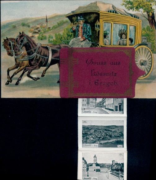 Leporello Postcard Lößnitz Lössnitz in the Ore Mountains, stagecoach, general view, market, street section