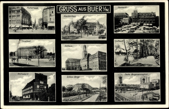 Postcard Buer Gelsenkirchen in the Ruhr area, elevated road, hospital, Neumarkt, main post office, colliery