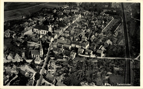 Ak Bad Soden Salmünster in Hessen, luchtfoto van het stadsgezicht, veel daken, kerk