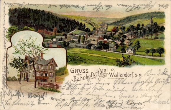 Chromo-Litho Wallendorf Lichte Thuringia, panorama of the town, train station hotel