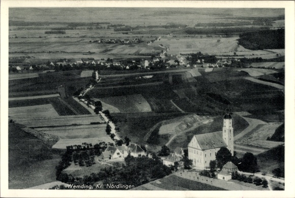 Postcard Wemding in Schwaben, aerial photograph, church