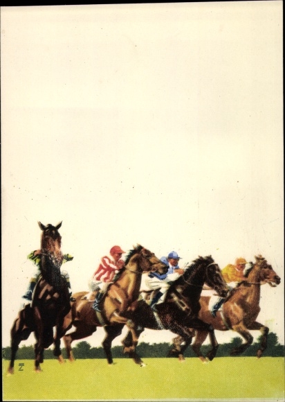 Künstler Ak Hohlwein, Ludwig, Hoppegarten, Vollblutpferde, Jockeys, Pferderennen