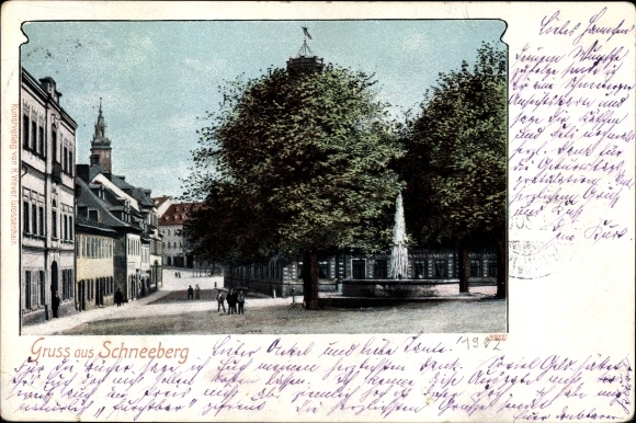 Postcard Schneeberg in the Ore Mountains, street section, fountain, residential buildings