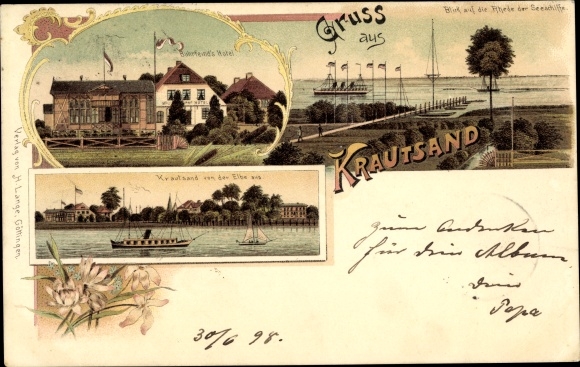 Chromo-Litho Krautsand Drochtersen in the district of Stade, Buhrfeinds Hotel, view from the roadstead