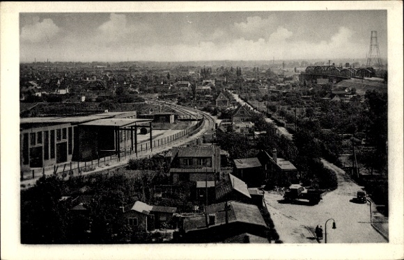 Ansichtkaart Hamburg Bergedorf Moorfleet, panorama, vrachtwagen, brug, spoorlijnen