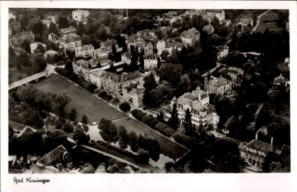 Postcard Bad Kissingen Lower Franconia Bavaria, aerial view of numerous buildings, lots of greenery, river