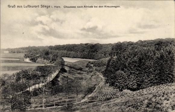 Ak Stiege Oberharz am Brocken, weg naar Allrode op kruispunt