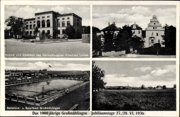 KP Großmühlingen Anhalt, szkoła, pomnik Friedricha Loose, zamek, basen, Gasthof Schwarzer Bär