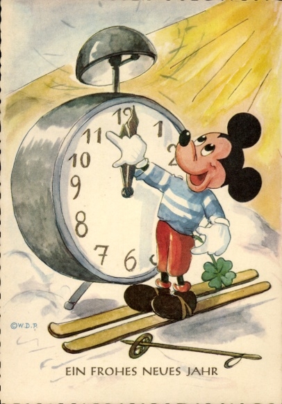 Ak Glückwunsch Neujahr, Klee, Micky Maus, Uhr