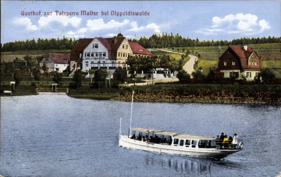 Postcard Malter Dippoldiswalde in the Eastern Ore Mountains, Gasthof zur Talsperre, view of the town from the water