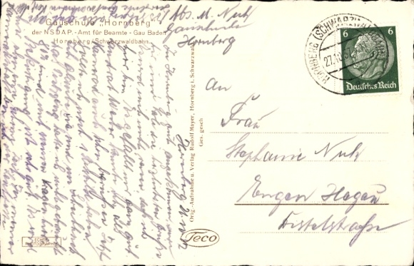 Postcard Hornberg in the Black Forest, Gauschule of the NSDAP, Office for Civil Servants, Gau Baden