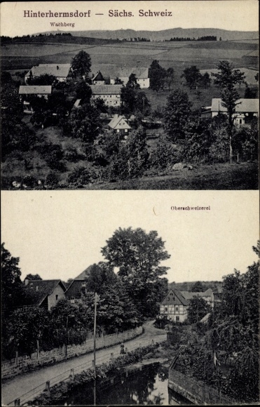 Postcard Hinterhermsdorf Sebnitz, Wachberg, Oberschweizerei, Panorama of the place