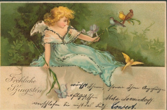Glitter Chromo-Litho Congratulations Pentecost, Angels, Birds