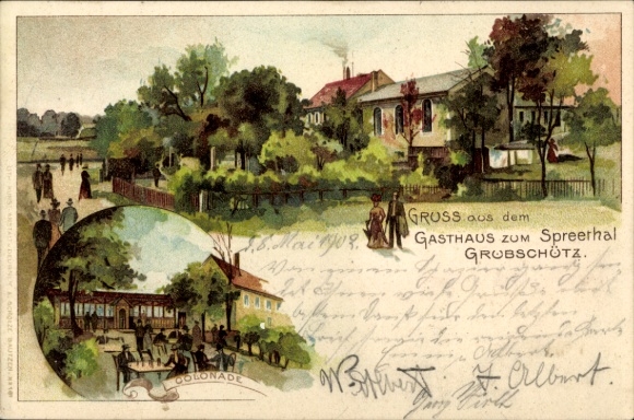 Ak Grubschütz Doberschau in Oberlausitz, schilderij van een herberg, tuinlandschap, zuilengalerij...
