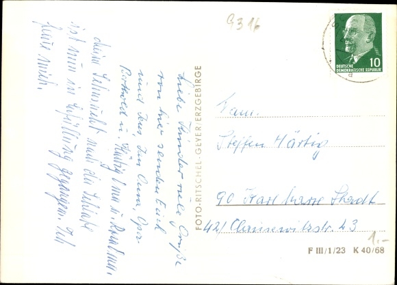 Postcard Schlettau in the Ore Mountains, Hotel Weisses Ross, owner Reinhard Schlegel, wood carvings, clock