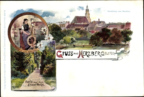 Artist Chromo-Litho Schreiber, Herzberg Elster, farmer's wife from Werchau, city park, panorama